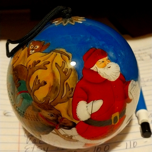 Santa & Reindeer Christmas Ornament "Inside Art" Hand Blown Hand Painted in Box - Picture 1 of 14